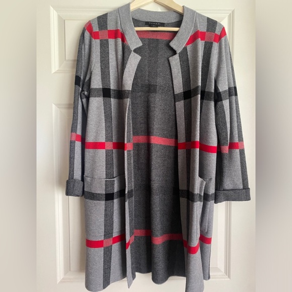 TAHARI Open Front Long Cardigan Size M Grey Black Red - Picture 3 of 7